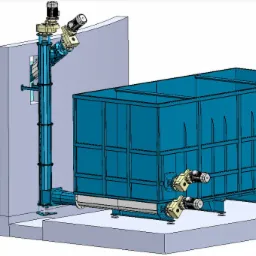 Model 3D zbiornika przemysłowego z systemem rur i silników, widok izometryczny.
