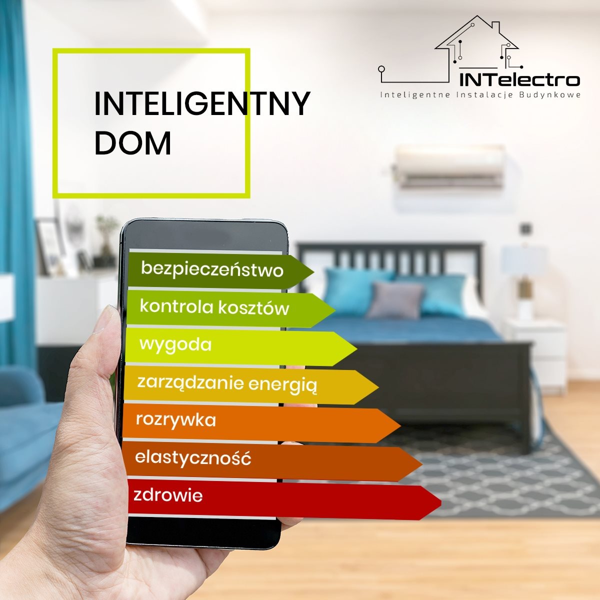 Aplikacja na smartfonie z kolorowymi strzałkami wskazującymi korzyści inteligentnego domu: bezpieczeństwo, kontrola kosztów, wygoda, zarządzanie energią, rozrywka, elastyczność, zdrowie, na tle...