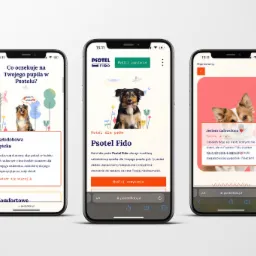 Trzy ekrany smartfonów prezentują interfejs mobilny strony internetowej hotelu dla psów Psotel Fido, wyświetlając informacje o całodobowej opiece, ofercie hotelu i opinię zadowolonego klienta z psem.