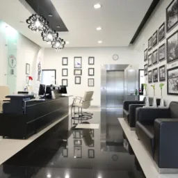 Eleganckie wnętrze biura agencji nieruchomości z recepcją, sofami dla klientów i ścianą ozdobioną czarno-białymi fotografiami.