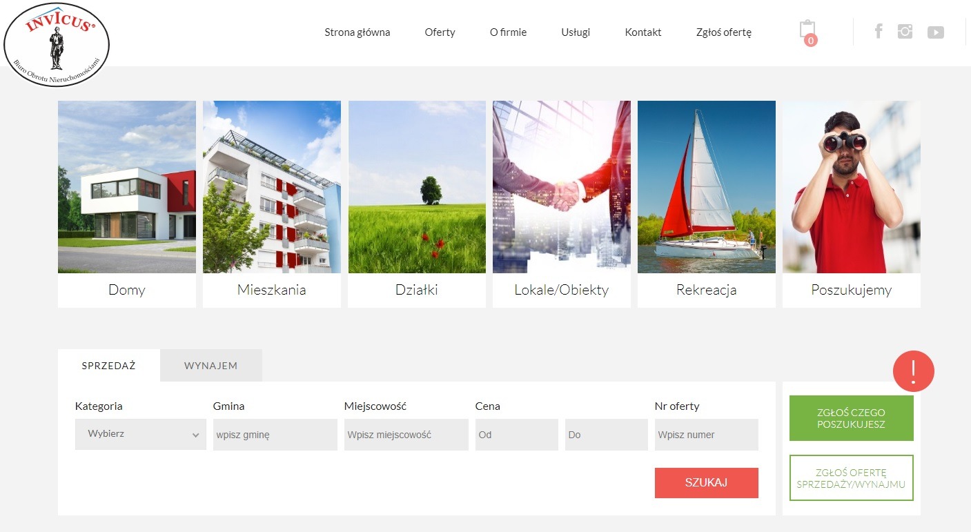 Strona internetowa biura obrotu nieruchomościami INVICUS.pl z widocznymi kategoriami ofert: domy, mieszkania, działki, lokale/obiekty, rekreacja oraz formularzem wyszukiwania ofert.