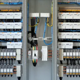 Rozdzielnica elektryczna z licznymi licznikami energii, zabezpieczeniami i okablowaniem w kolorach: czarnym, niebieskim, żółtym i zielonym, zamontowana w metalowej obudowie.