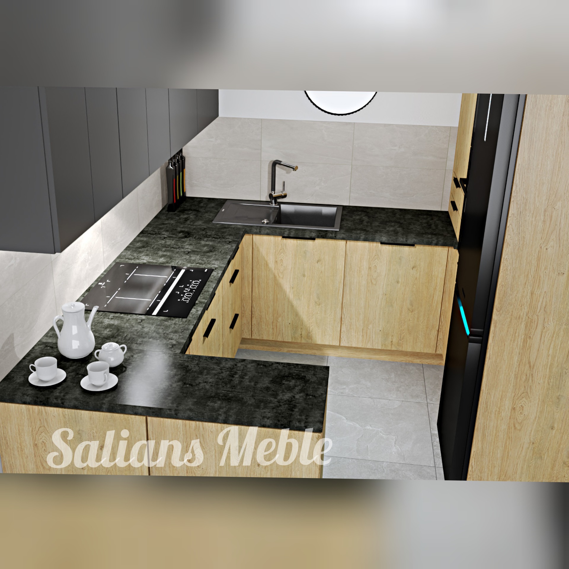 Wizualizacja kuchni z szarymi szafkami górnymi i drewnopodobnymi szafkami dolnymi, czarnym blatem, płytą indukcyjną i zestawem do kawy.