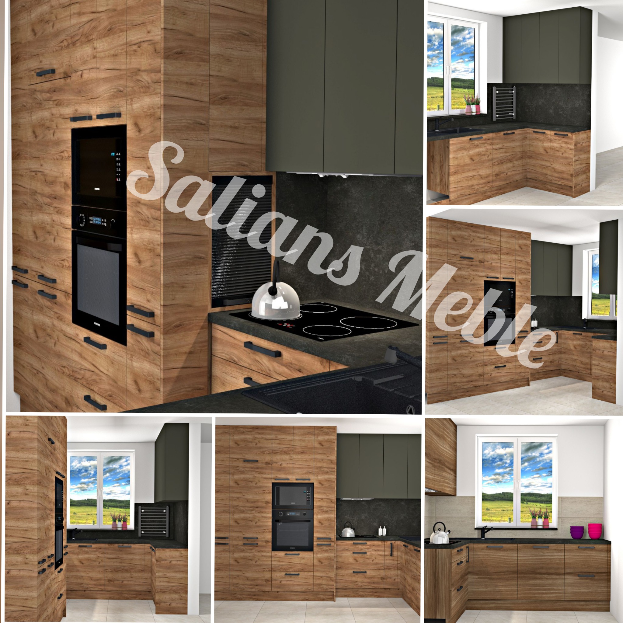 Wizualizacja kuchni w odcieniach drewna z czarnymi blatami, piekarnikiem i mikrofalówką w zabudowie, czajnik na płycie indukcyjnej, widok na okno z zielonym krajobrazem.