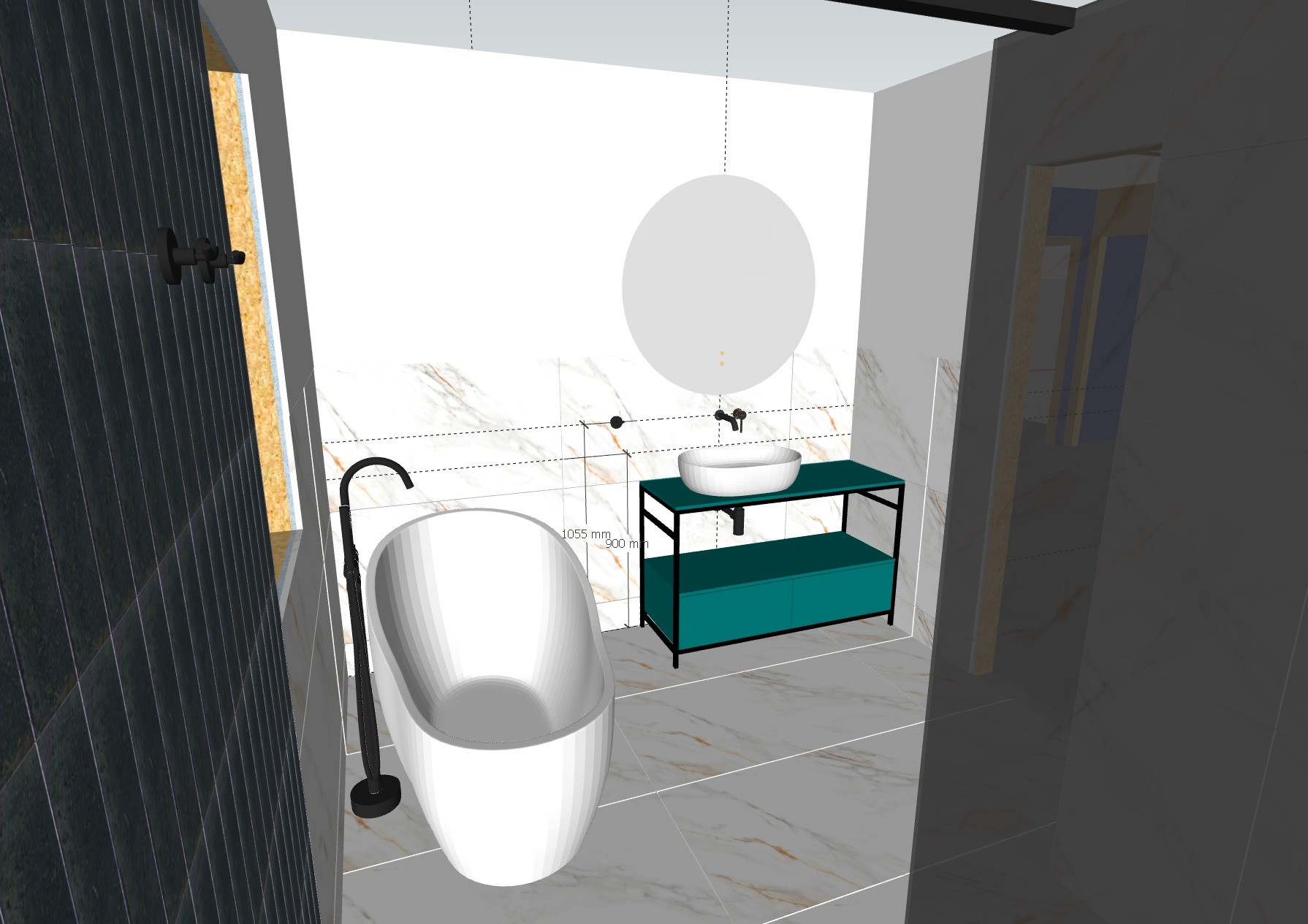 Wizualizacja 3D łazienki z wolnostojącą wanną, okrągłym lustrem i szafką pod umywalkę w kolorze turkusowym, wykończonej płytkami imitującymi marmur.