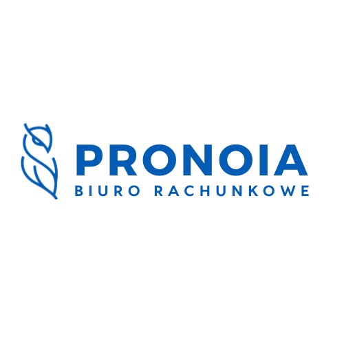 Logo biura rachunkowego PRONOIA z symbolem sowy stylizowanej na liście w kolorze niebieskim.