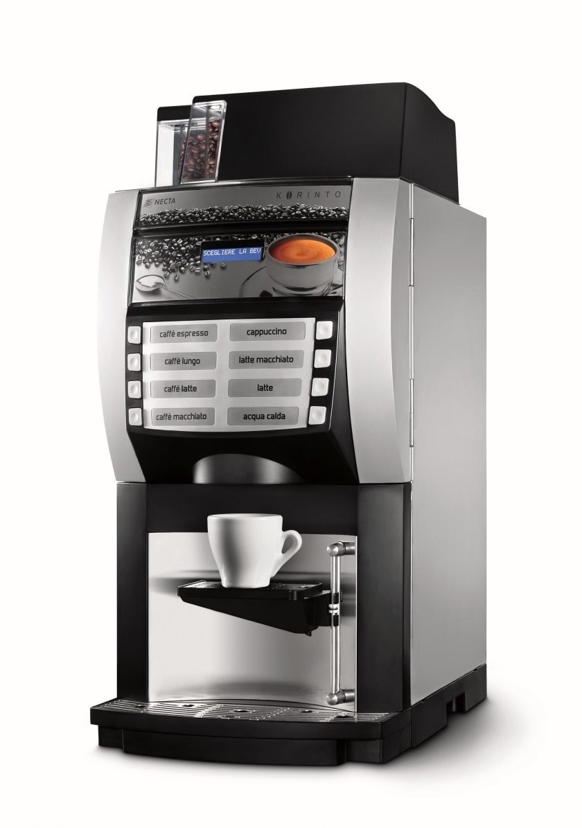 Profesjonalny ekspres do kawy Necta Korinto z pełnym menu napojów, z widocznym zbiornikiem na ziarna i białą filiżanką na podstawce