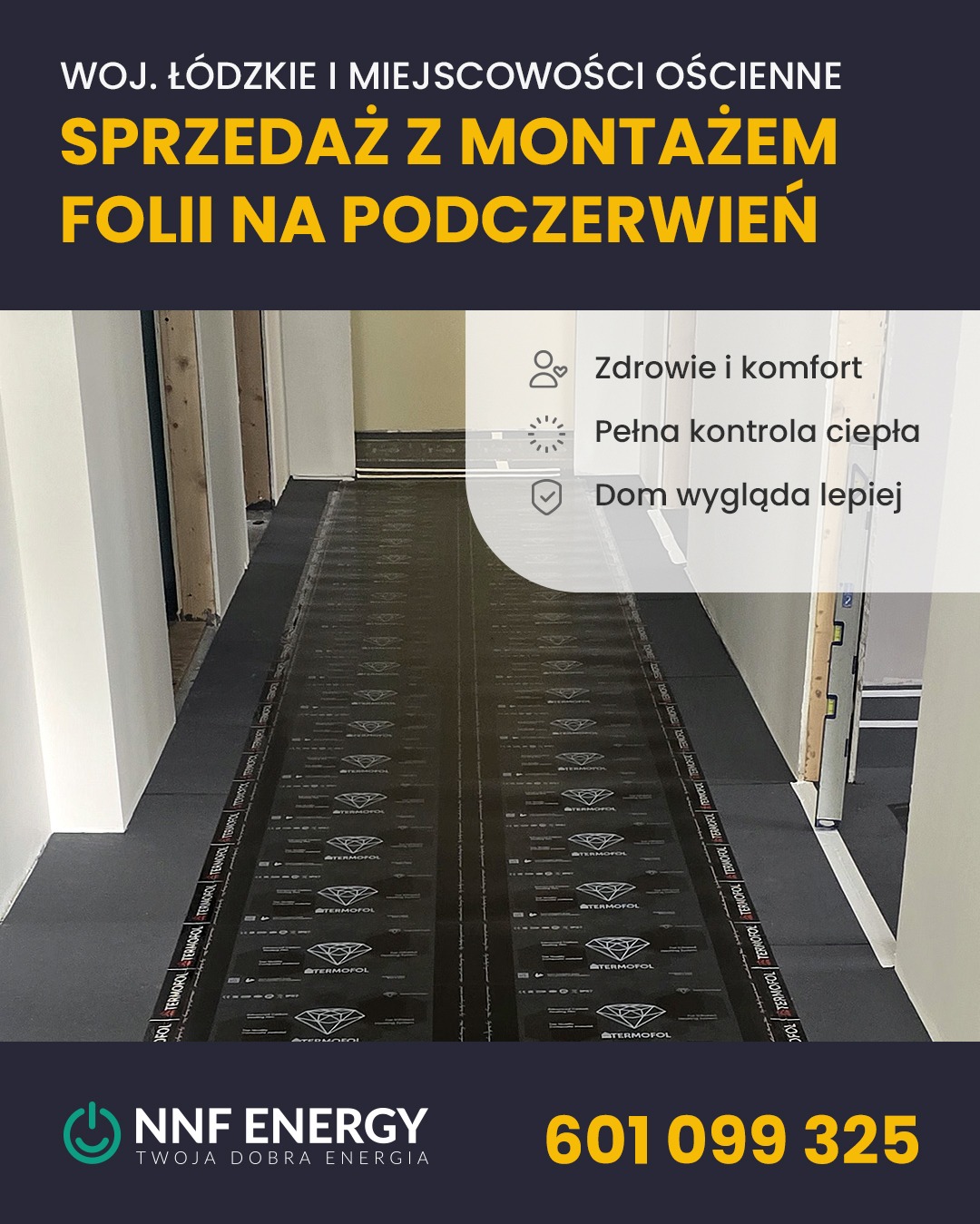 Montaż folii grzewczej na podczerwień Termofol w Łódzkiem. Sprzedaż z montażem, zapewniająca zdrowie, komfort i pełną kontrolę ciepła w domu.