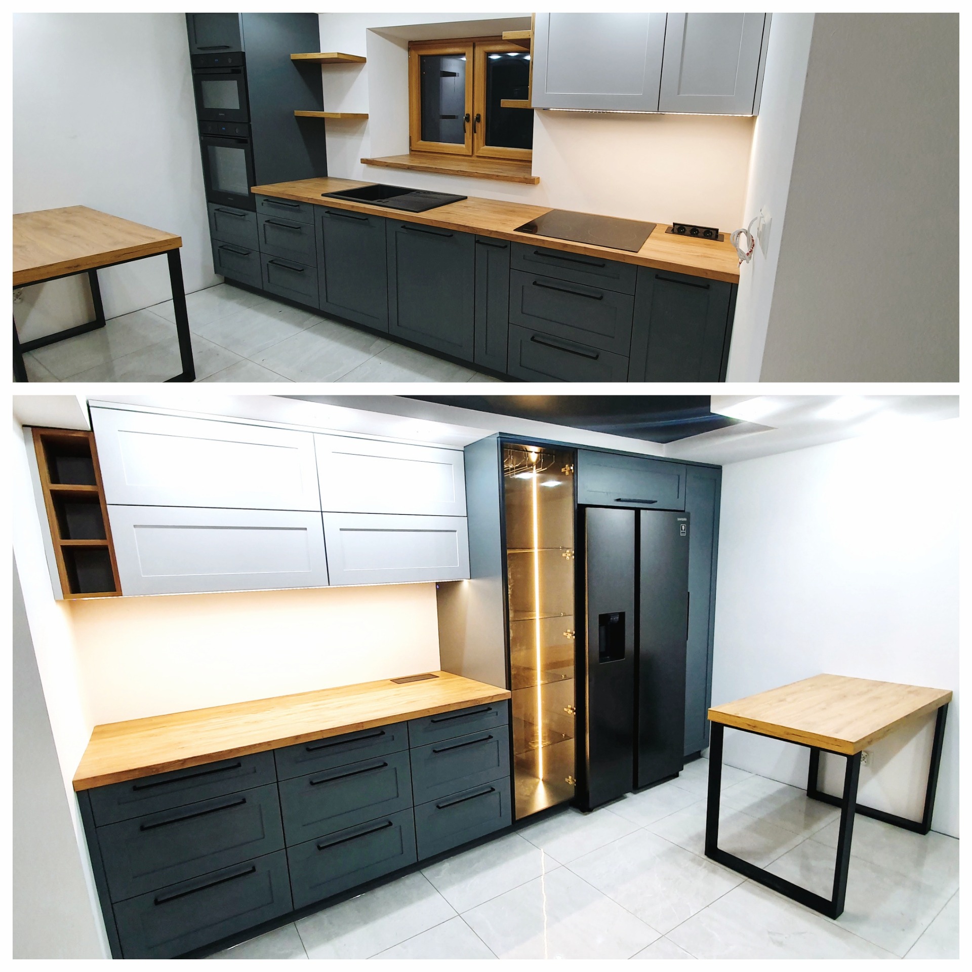 Nowoczesna kuchnia w odcieniach szarości z drewnianymi blatami, oświetleniem LED pod szafkami i drewnianym oknem. Widoczny stół z drewnianym blatem na metalowych nogach oraz przeszklona witryna...