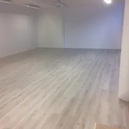 Jasne panele podłogowe ułożone w pustym, odświeżonym pomieszczeniu z białymi ścianami i kolumnami, widoczne oświetlenie sufitowe.