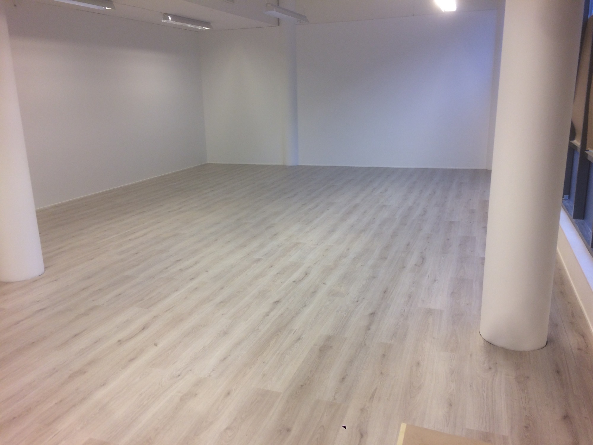 Jasne panele podłogowe ułożone w pustym, odświeżonym pomieszczeniu z białymi ścianami i kolumnami, widoczne oświetlenie sufitowe.