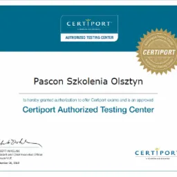 Certyfikat autoryzacji centrum egzaminacyjnego Certiport dla Pascon Szkolenia Olsztyn, sygnowany przez Roberta Whelana z Pearson VUE, ważny od 26 września 2018.