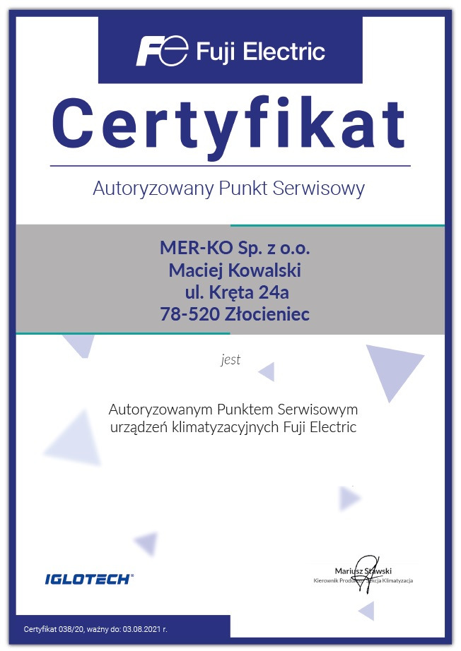 Certyfikat Autoryzowanego Punktu Serwisowego urządzeń klimatyzacyjnych Fuji Electric, wystawiony dla firmy MER-KO Sp. z o.o.