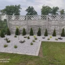 Świeżo założony ogród z tujami, niskimi krzewami iglastymi i kamieniami ozdobnymi, obrzeże z kostki, w tle betonowy ażurowy płot.