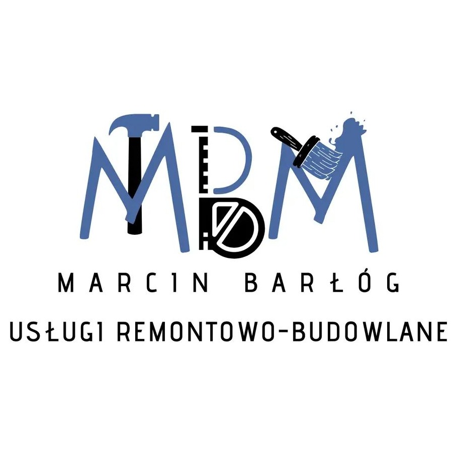 Logo firmy remontowo-budowlanej Marcina Barłóga, stylizowane inicjały MBM z narzędziami: młotek, miarka zwijana, pędzel.