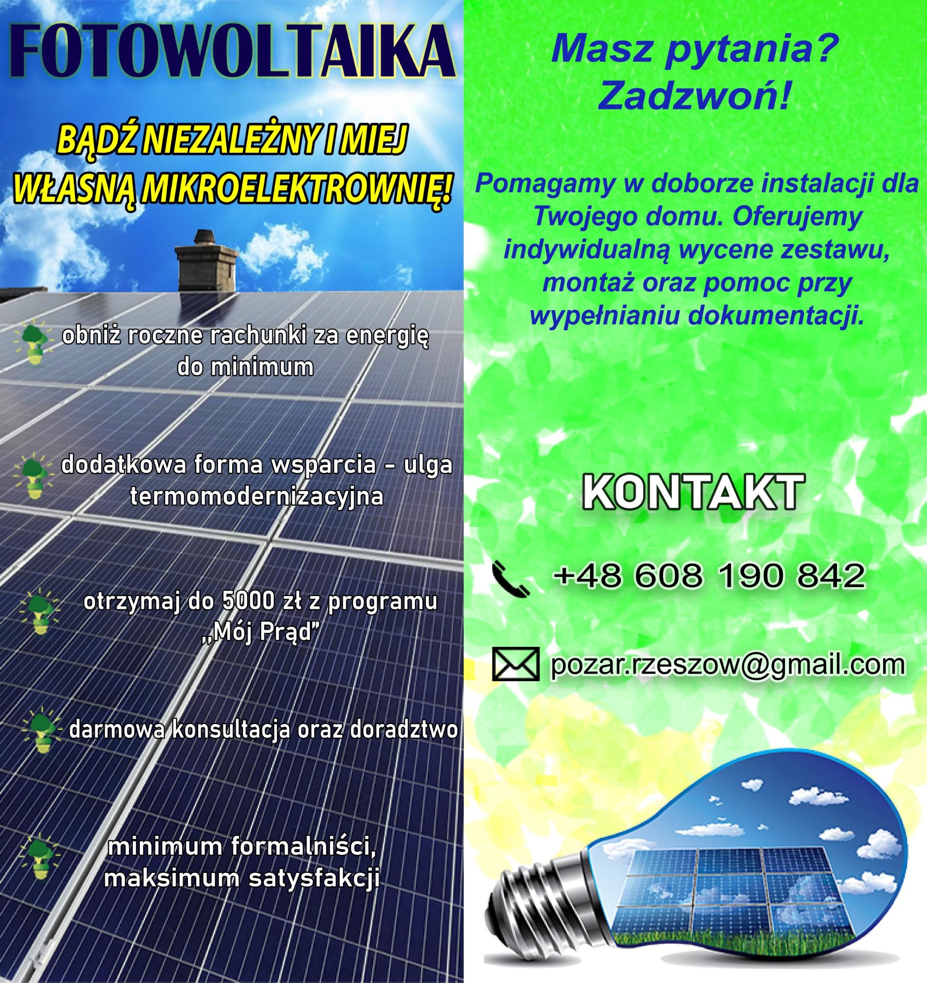 Grafika reklamowa z panelami słonecznymi na dachu budynku, informująca o możliwości obniżenia rachunków za energię i uzyskania wsparcia z programu 'Mój Prąd', z danymi kontaktowymi firmy.