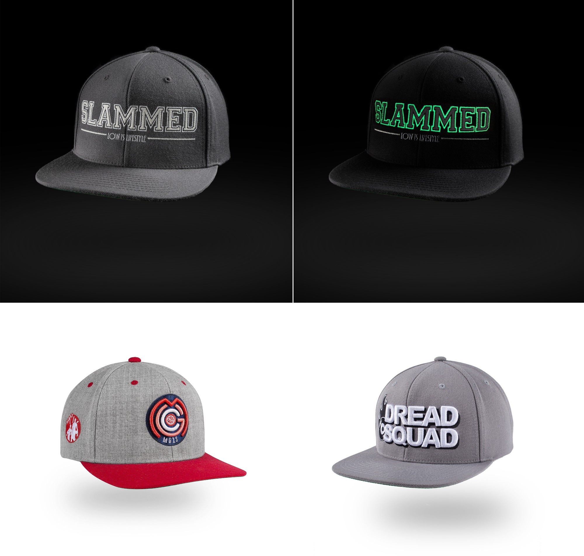 Cztery czapki z daszkiem na jednolitym tle: dwie szare i dwie czarne, każda z innym haftowanym napisem, prezentowane w zbliżeniu.