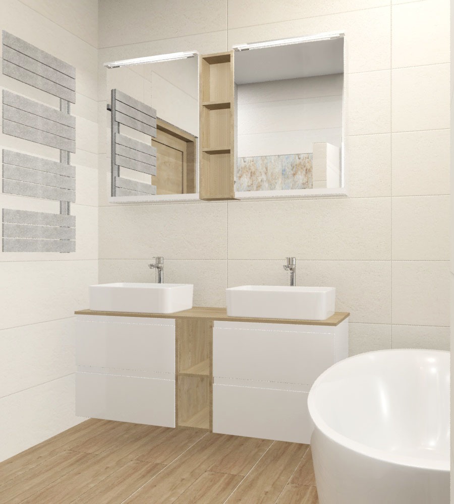 Wizualizacja łazienki w domu jednorodzinnym: dwie białe umywalki nablatowe na szafkach z drewnianymi elementami, duże lustra z oświetleniem i półkami, grzejnik drabinkowy na ścianie, drewnopodobna...