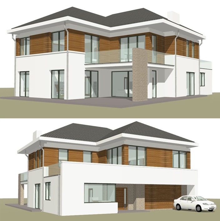 Wizualizacja dwukondygnacyjnego domu jednorodzinnego z garażem, białe ściany, drewniana elewacja na piętrze, szara dachówka, duży balkon z przeszkloną balustradą, samochód na podjeździe.