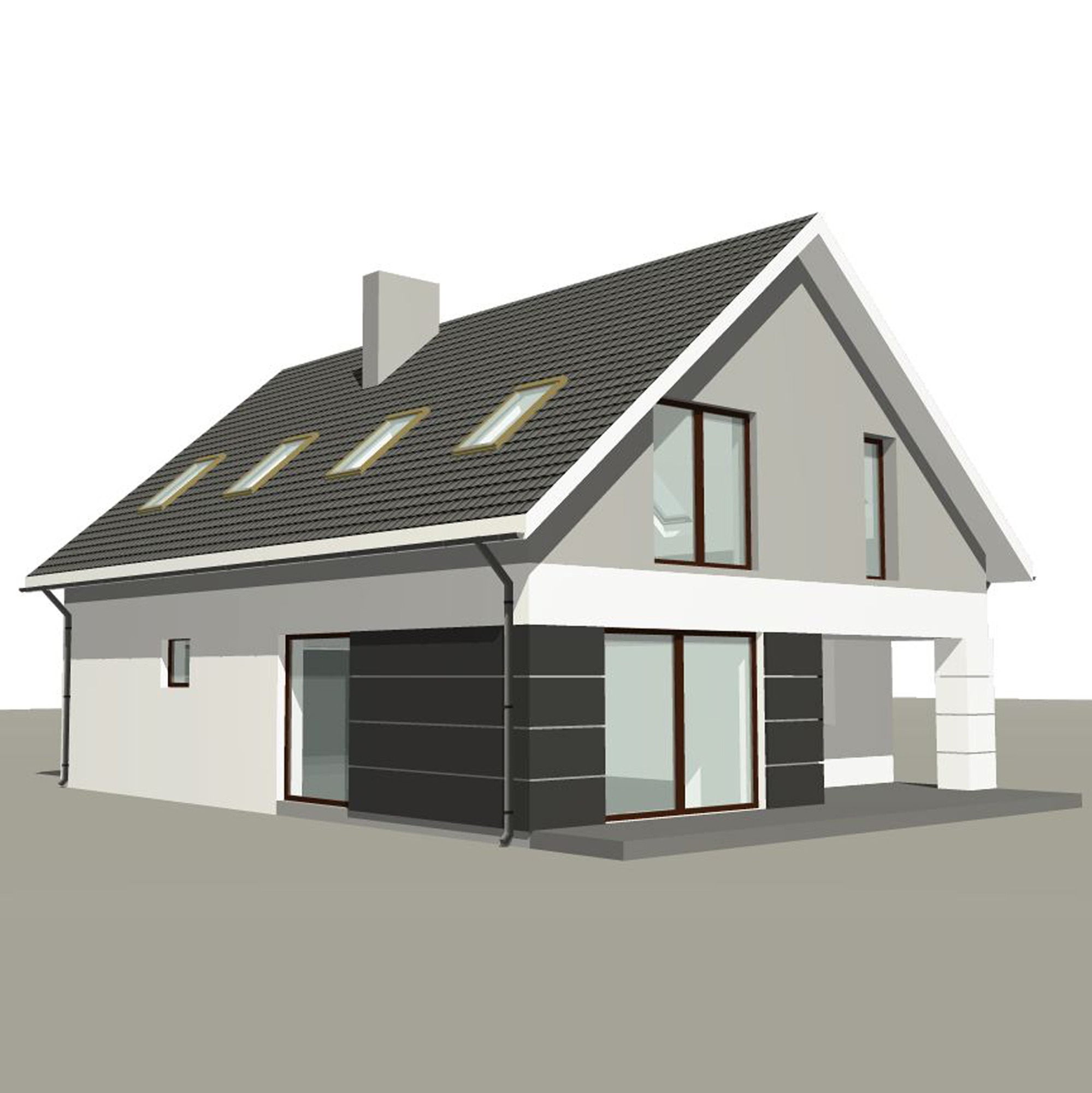 Wizualizacja 3D nowoczesnego domu jednorodzinnego z szarym dachem i elementami elewacji w kolorze grafitowym, widok z perspektywy.