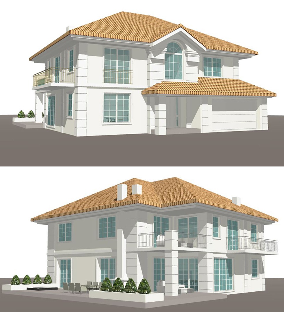 Wizualizacja 3D dwukondygnacyjnego domu jednorodzinnego z jasną elewacją, brązowym dachem z dachówki i balkonami, prezentowana z dwóch różnych perspektyw.