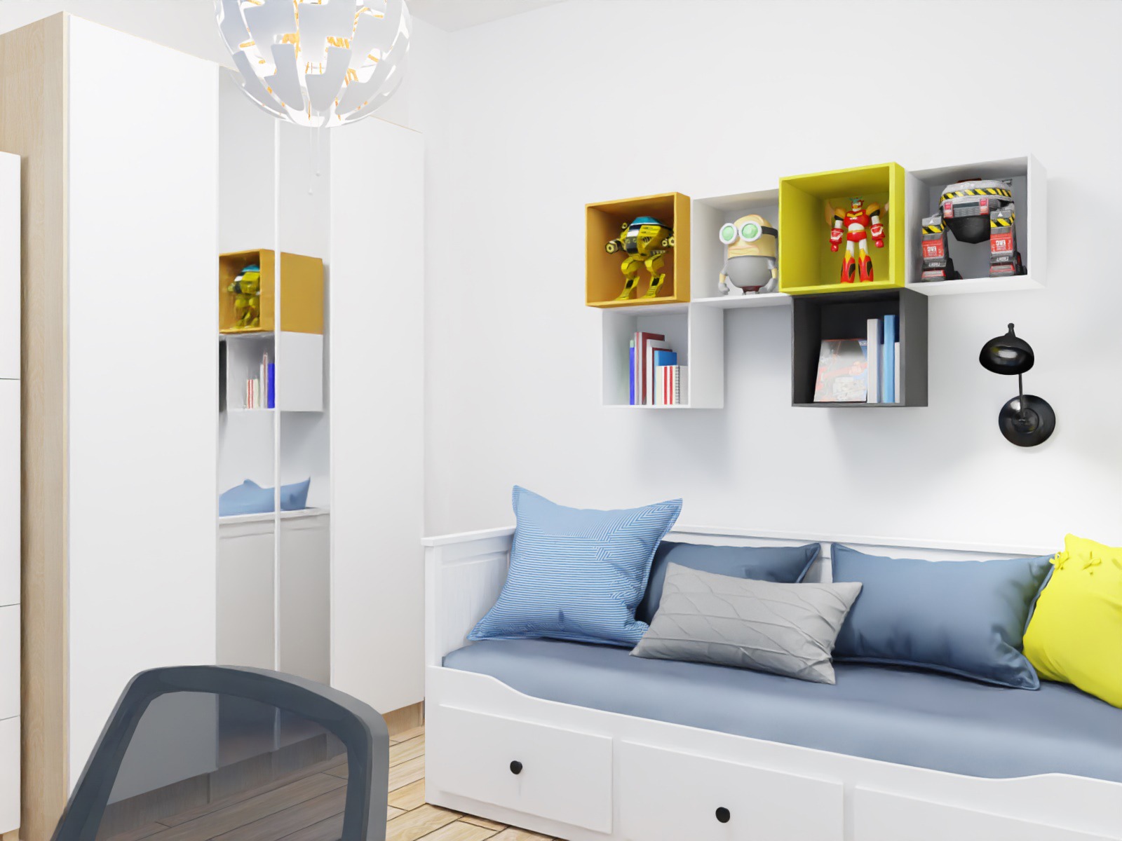 Jasny pokój dziecięcy z białymi meblami, kolorowymi półkami z zabawkami robotami i łóżkiem z niebieskimi poduszkami.