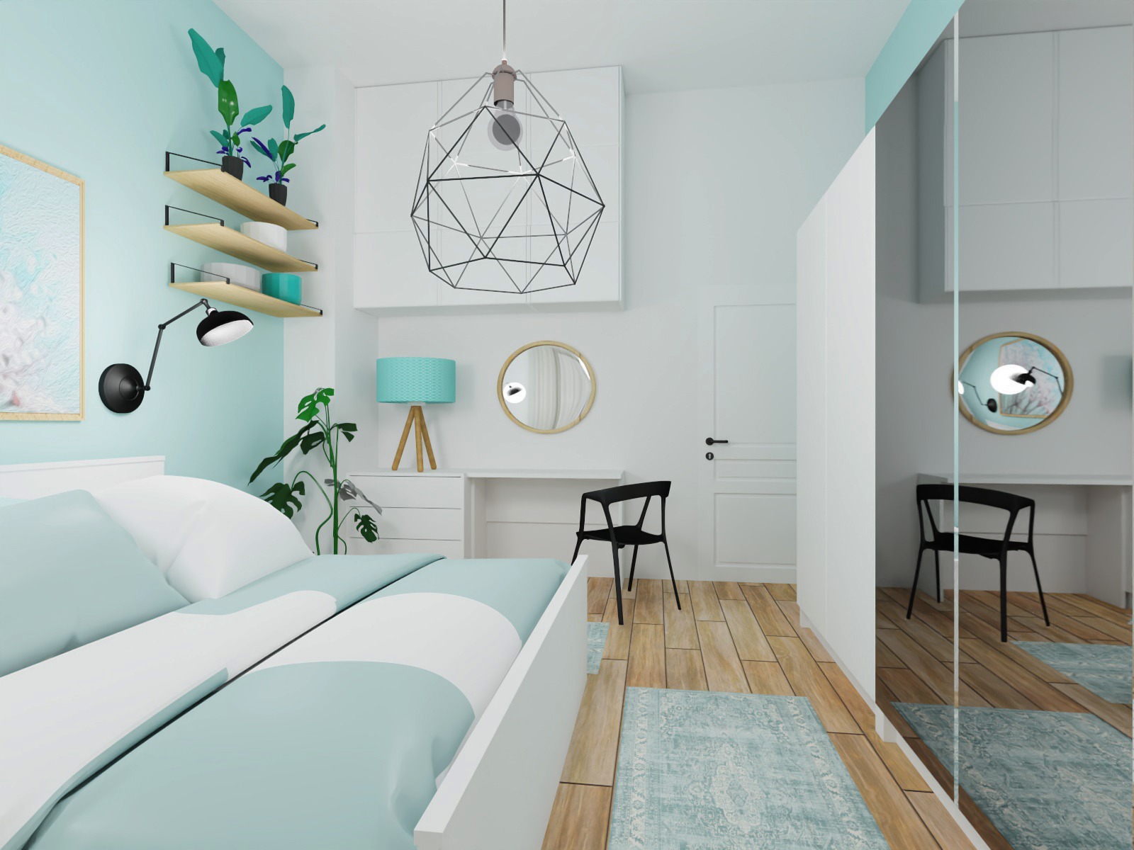 Jasna sypialnia z łóżkiem, biurkiem i szafą z lustrzanymi drzwiami. Na ścianie półki z roślinami i lampa. Geometryczna lampa wisząca nad biurkiem.