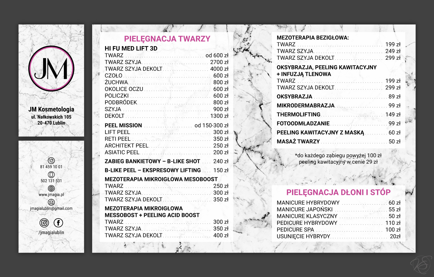 Cennik usług kosmetycznych z zakresu pielęgnacji twarzy, dłoni i stóp, oferujący zabiegi takie jak Hi Fu Med Lift 3D, mezoterapia, oksybrazja, peelingi, manicure i pedicure.