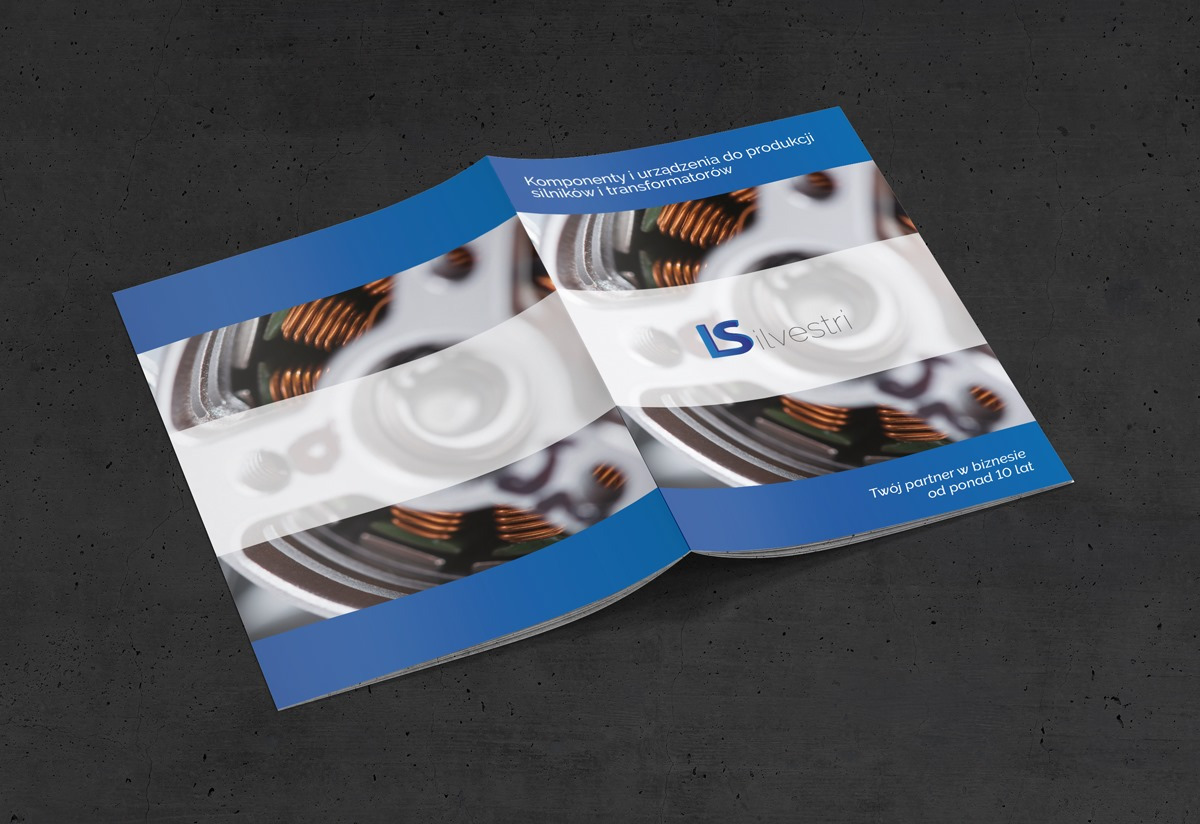 Otwarty katalog produktów firmy Silvestri prezentujący komponenty i urządzenia do produkcji silników i transformatorów, z elementami wizualizacji wnętrza silnika w tle.