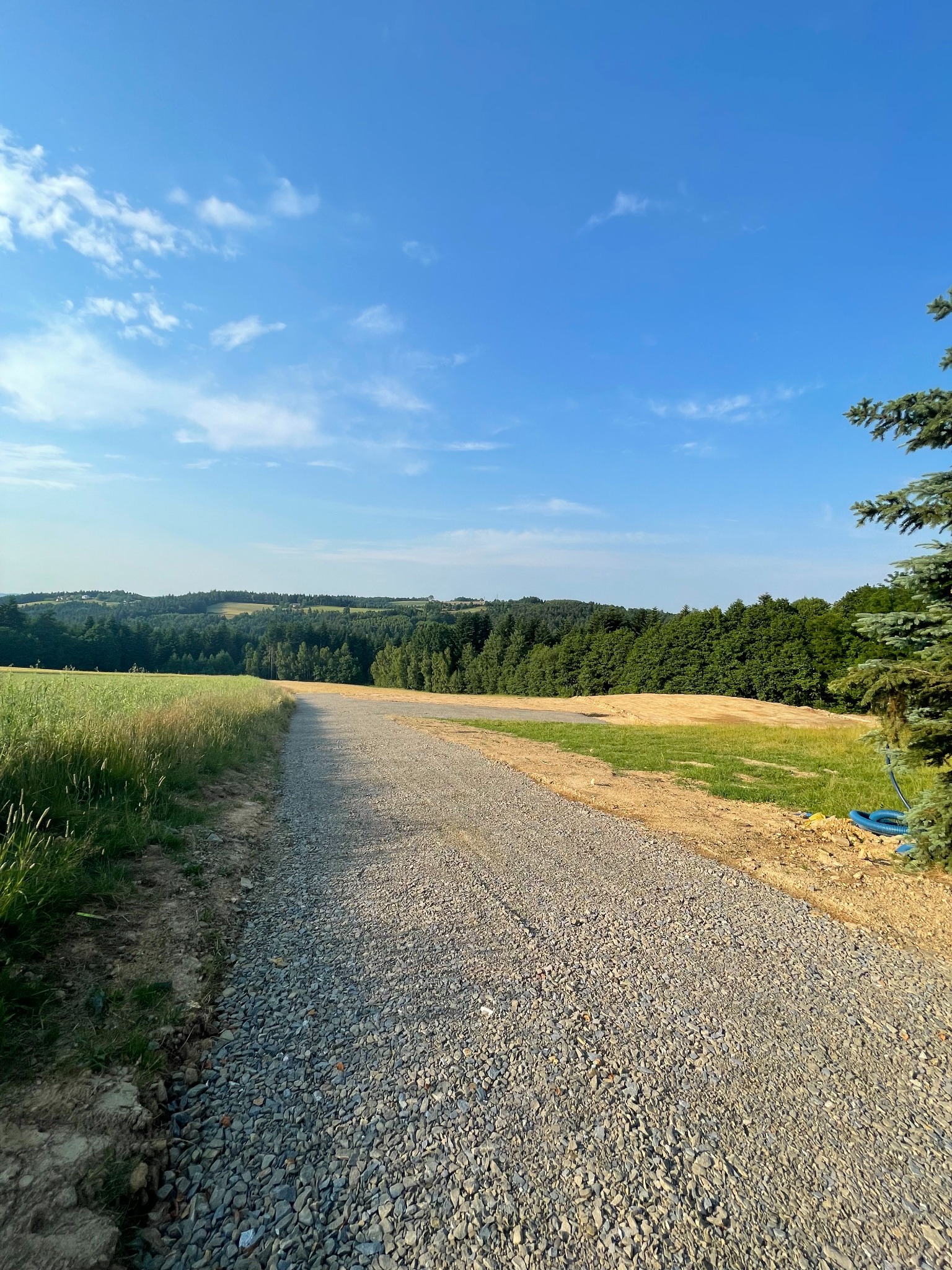 Widok na żwirową drogę dojazdową prowadzącą przez teren z przygotowaną półką pod budynek, w tle las i błękitne niebo z chmurami.