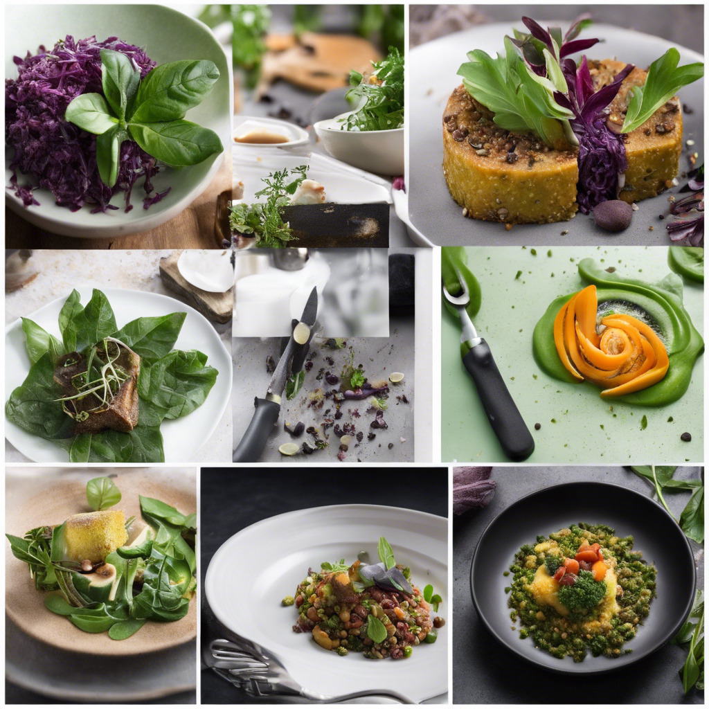 Kompozycja z dziewięciu kadrów przedstawiających różne dania, w tym sałatki z czerwonej kapusty i bazylii, dania z zielonymi liśćmi i sosem, dania z warzywami i ziarnami, oraz dekoracyjne talerze...
