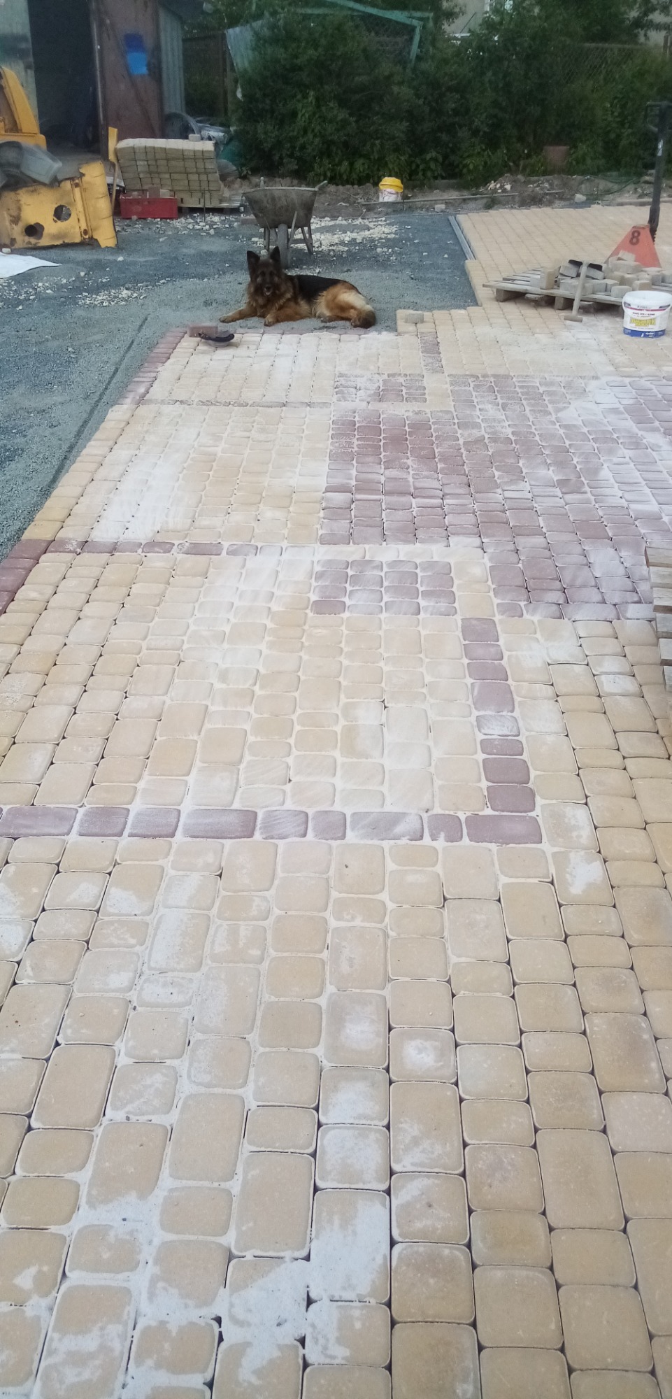 Fragment nowo ułożonej nawierzchni z kostki brukowej w odcieniach beżu i brązu, z leżącym owczarkiem niemieckim na jej skraju, w tle widoczne narzędzia i materiały budowlane.