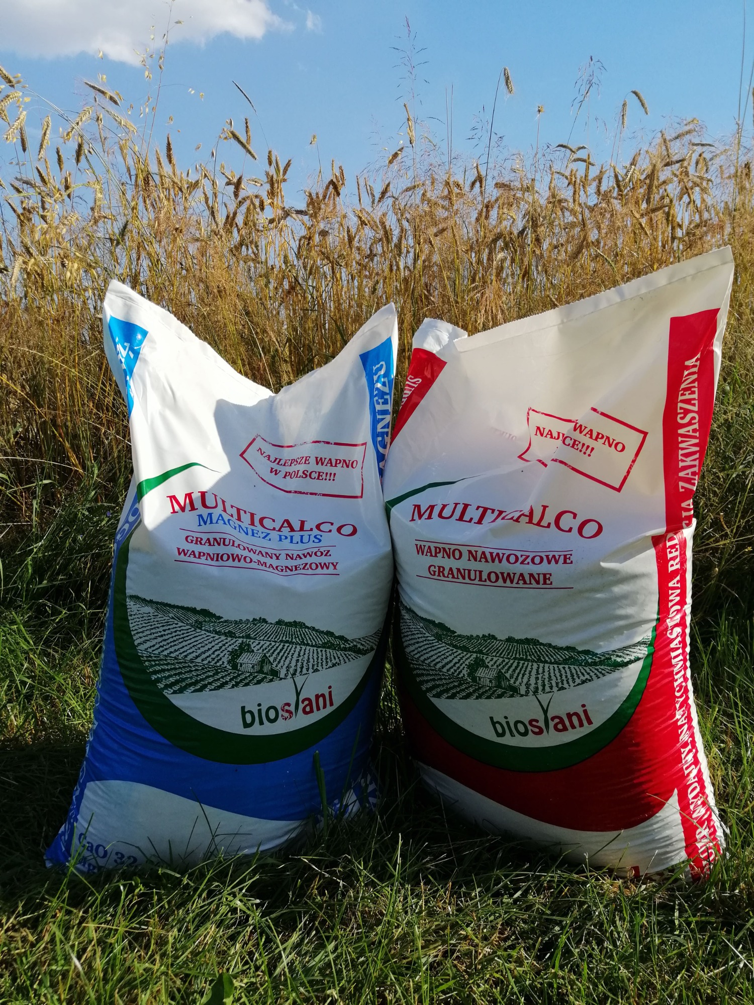 Dwa worki z granulowanym wapnem nawozowym leżą na trawie na tle wysokich traw i błękitnego nieba.