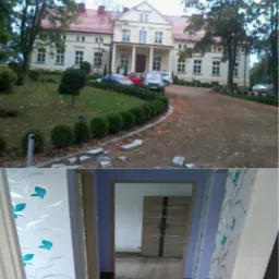 Dwuczęściowe zdjęcie: górna część przedstawia duży, jasny budynek z kolumnami i zadbanym ogrodem z krzewami i kostką brukową; dolna część ukazuje wnętrze w trakcie prac wykończeniowych,...