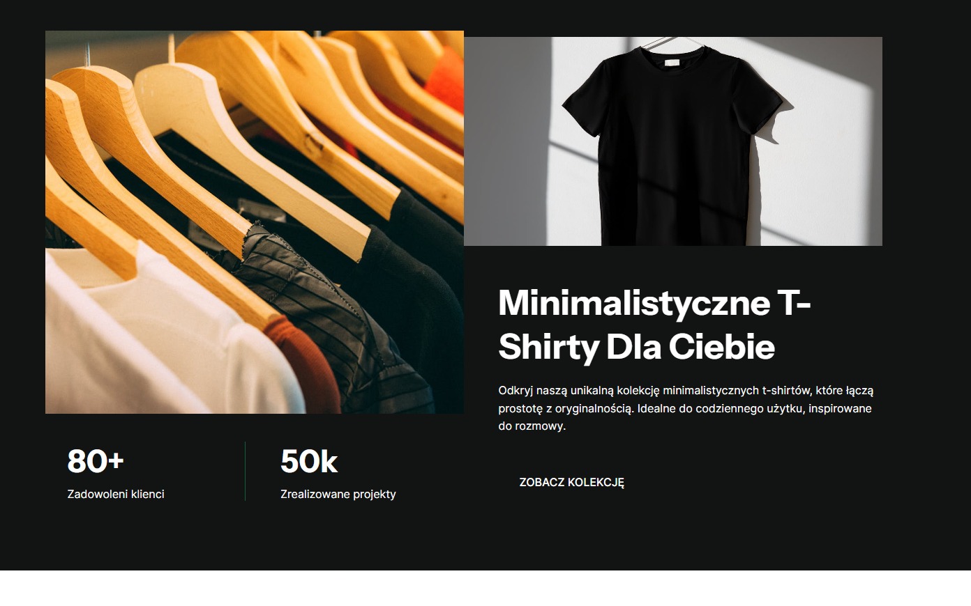 Minimalistyczne t-shirty: rząd wieszaków z ubraniami i czarny t-shirt na jasnym tle. Napis: Minimalistyczne T-shirty dla Ciebie. Zadowoleni klienci: 80+.