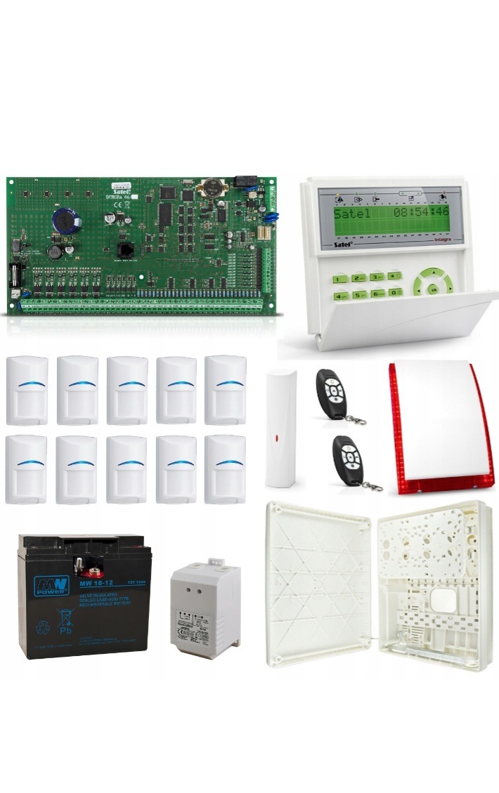 Kompletny zestaw komponentów systemu alarmowego: centrala, czujniki ruchu, akumulator, piloty, sygnalizator akustyczno-optyczny i obudowy, wszystkie na białym tle.