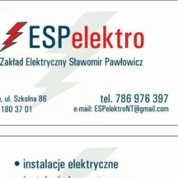 Wizytówka firmy ESPelektro Zakład Elektryczny Sławomir Pawłowicz z czerwonym logo błyskawicy, adresem, numerem telefonu i adresem e-mail oraz informacją o wykonywanych instalacjach elektrycznych.