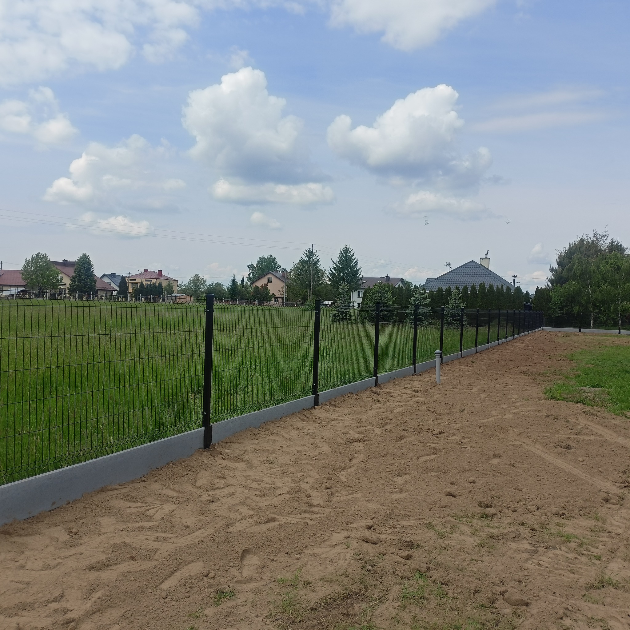 Nowoczesne ogrodzenie panelowe z podmurówką betonową, czarne słupki, zielona trawa w tle, błękitne niebo z chmurami. Widok na posesję.