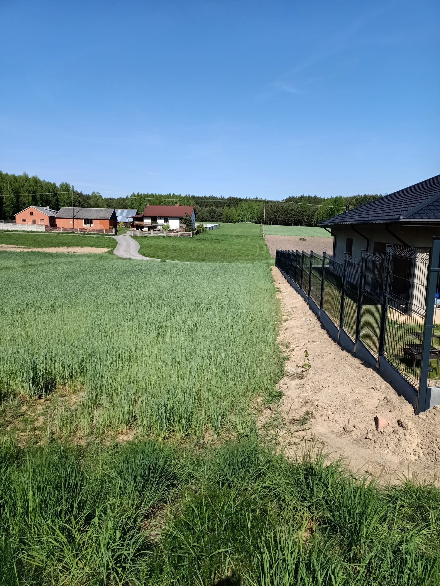 Nowoczesne ogrodzenie panelowe w kolorze grafitowym, oddzielające posesję od pola uprawnego w słoneczny dzień. Widok na dom i okoliczną zabudowę.