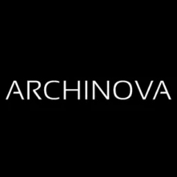 Czarne tło z białym, eleganckim logo firmy ARCHINOVA.