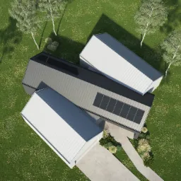 Wizualizacja z lotu ptaka nowoczesnego domu z panelami słonecznymi na dachu, otoczonego zielonym trawnikiem i drzewami.