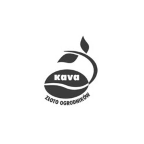 Czarno-białe logo z stylizowanym ziarnem i liśćmi, napis 'Kava Złoto Ogrodników'.