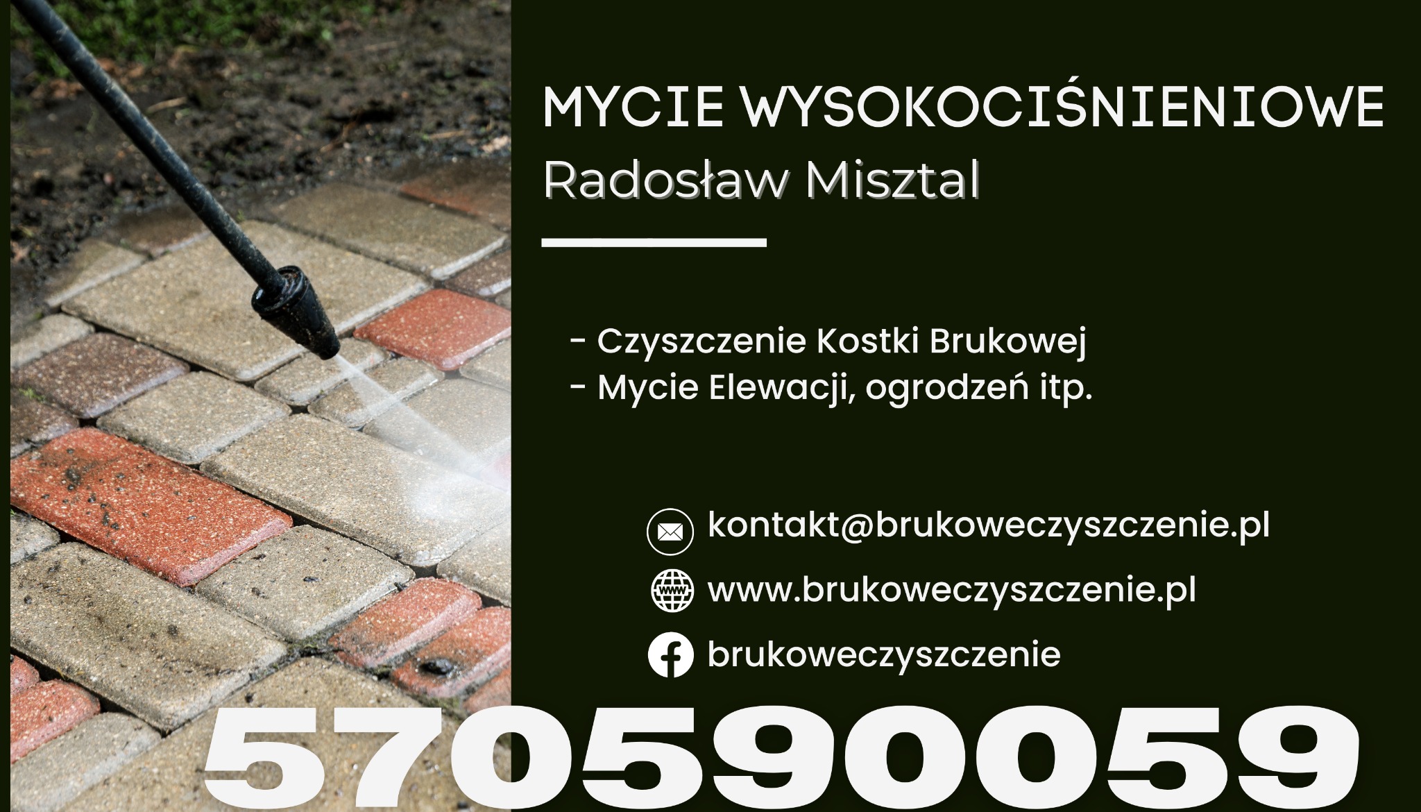 Mycie kostki brukowej myjką ciśnieniową, widoczny efekt czyszczenia i numer telefonu firmy.