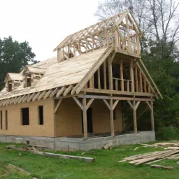 Surowy stan domu w konstrukcji szkieletowej z widocznym drewnianym szkieletem dachu i ścian obłożonych płytami OSB, na tle zieleni i drzew.