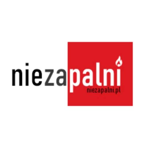 Logo firmy 'niezapalni' z płomieniem nad 'i' w czerwonym kwadracie, nazwa firmy zapisana czarną czcionką.