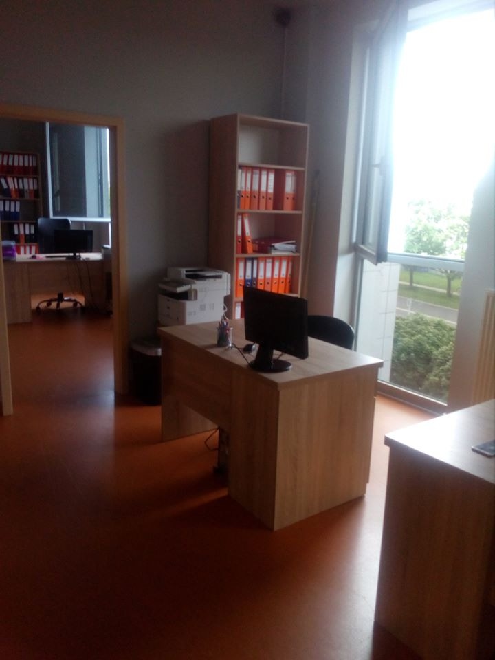 Wnętrze biura z biurkami z jasnego drewna, regałem pełnym segregatorów i dużym oknem z widokiem na zieleń.