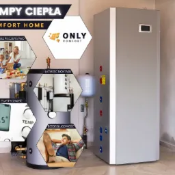 Schemat ideowy pompy ciepła Comfort Home z elementami graficznymi ilustrującymi bezpieczeństwo, łatwość montażu, elastyczność i bezobsługowość, obok stoi szara jednostka wewnętrzna z wyświetlaczem...