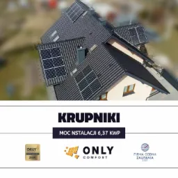 Widok z góry na dom z ciemną dachówką, na której zamontowano panele fotowoltaiczne; widoczne lukarny, kominy i okna dachowe. W dolnej części zdjęcia logo firmy i informacja o mocy instalacji 6,37 kWp.