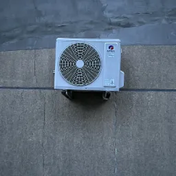 Szara jednostka zewnętrzna klimatyzacji marki Gree zamontowana na szarej, betonowej ścianie z widocznymi pęknięciami i śladami napraw.