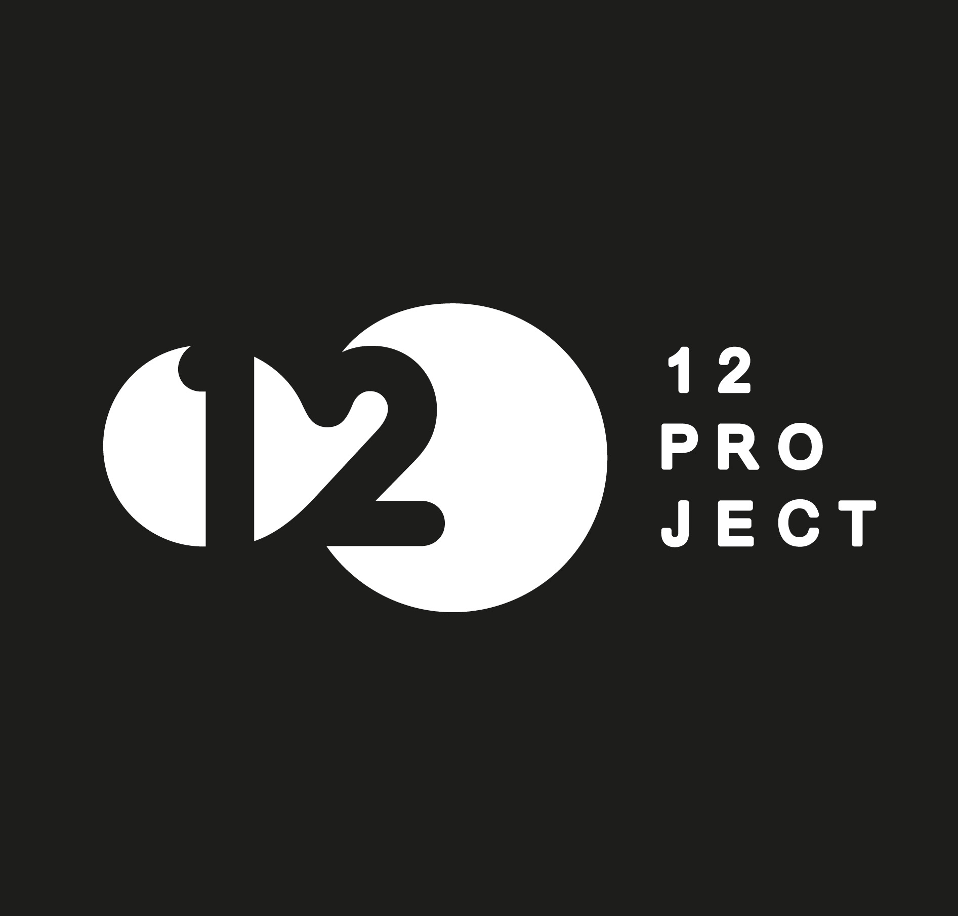 Minimalistyczne logo '12 Project' w bieli na czarnym tle, z cyframi częściowo wkomponowanymi w okręgi.